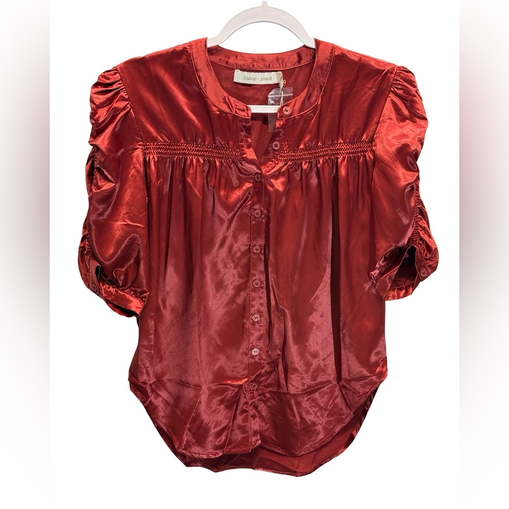 Bishop + Young Rachel Ruched‎ Sleeve Satin Blouse Red Women’s S